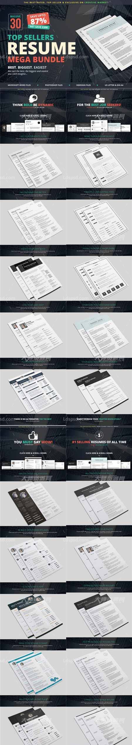 Top Sellers Resume Mega Bundle,30套个人简历模板大合集